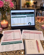 Load image into Gallery viewer, Kitchen to Coin editable catering business toolkit with food cost, pricing, portion planning and profit worksheets